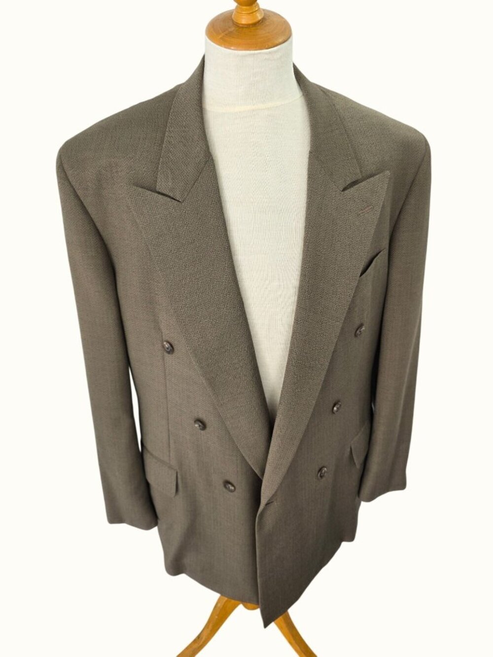 Vintage Tom James 46L Double Breast Blazer Light Brown Herringbone Leather Btns